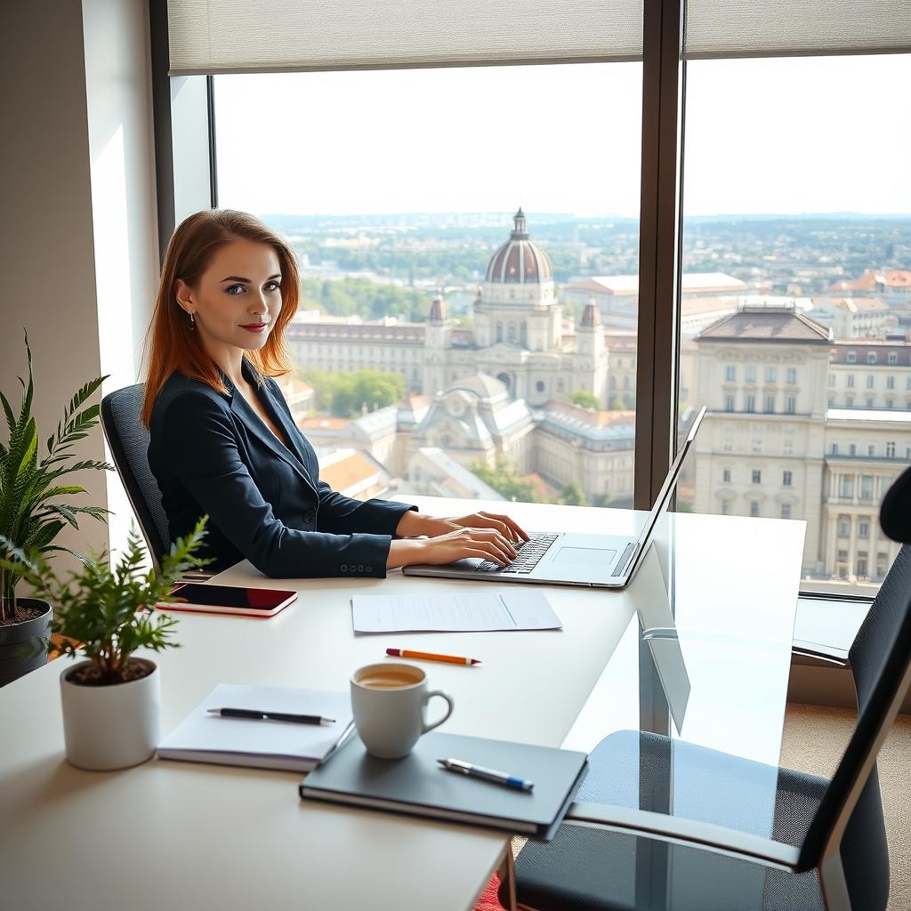 A realistic depiction of a typical Russian woman working in Hungary, seated at a stylish modern office desk