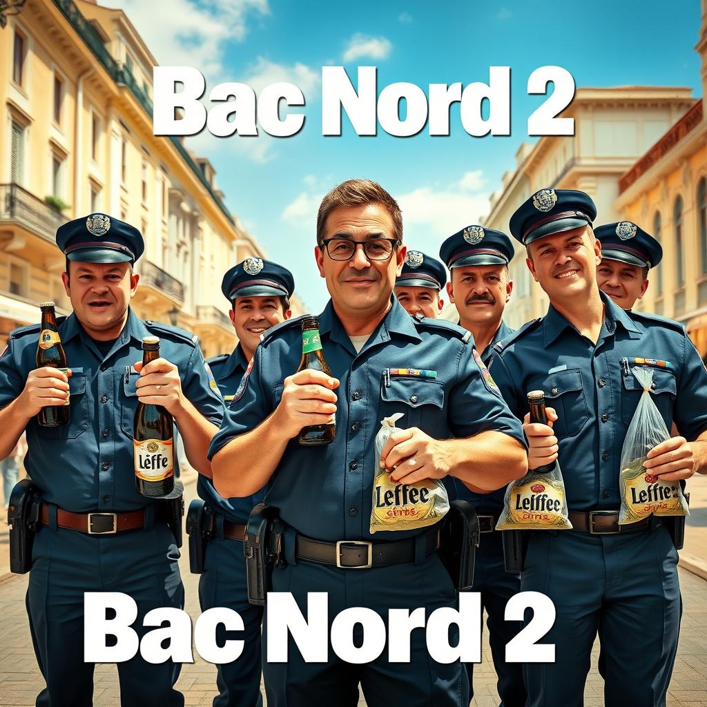 A movie poster for 'Bac Nord 2' featuring a humorous depiction of Marseille police officers
