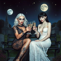 A Salvador Dali inspired psychedelic scene featuring a very beautiful, attractive, stunning, curvy shapely young woman with white hair dressed in a very tight low-cut long black lace gown