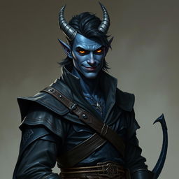 A realistic portrayal of a male tiefling battle warlock, confidently posed in a relaxed, cocky stance with a playful smirk