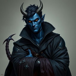 A realistic portrayal of a male tiefling battle warlock, confidently posed in a relaxed, cocky stance with a playful smirk