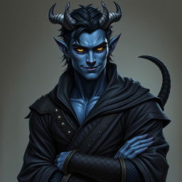 A realistic portrayal of a male tiefling battle warlock, confidently posed in a relaxed, cocky stance with a playful smirk