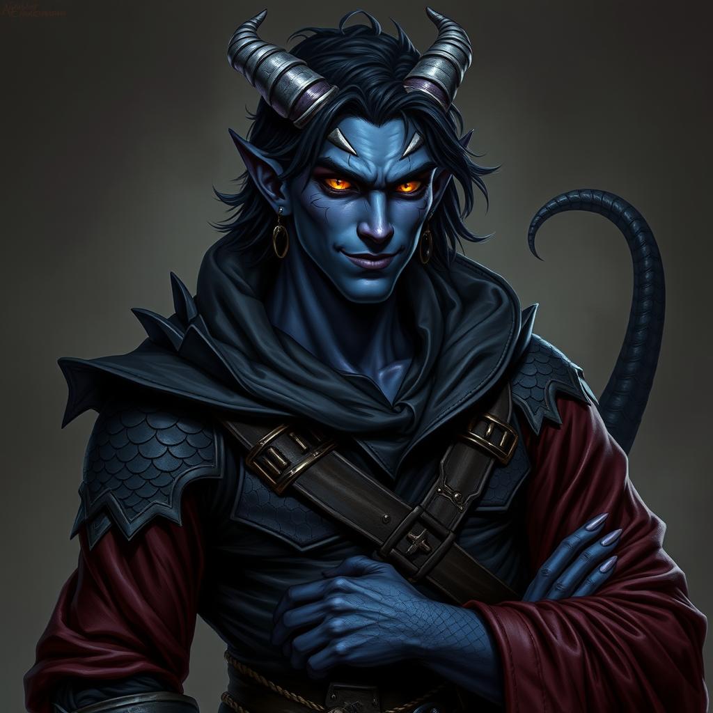 A realistic portrayal of a male tiefling battle warlock, confidently posed in a relaxed, cocky stance with a playful smirk