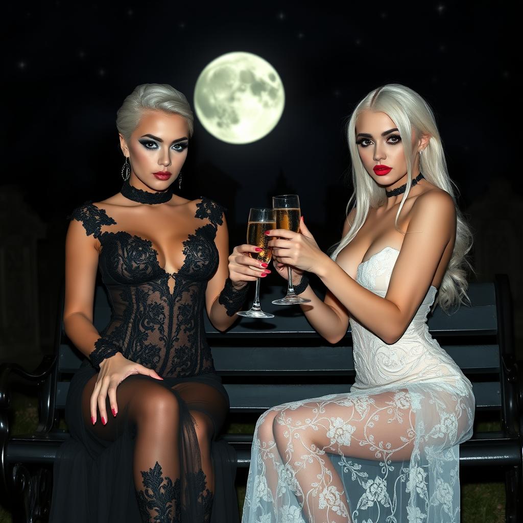 A very beautiful, attractive, stunning, curvy shapely young woman with white hair dressed in a very tight low-cut long black lace gown