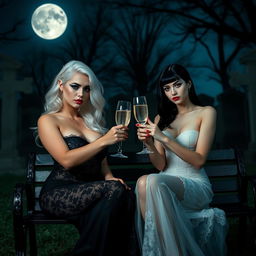 A very beautiful, attractive, stunning, curvy shapely young woman with white hair dressed in a very tight low-cut long black lace gown