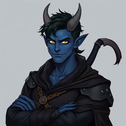 A lifelike male tiefling battle warlock illustrated in a relaxed, cocky stance, exuding confidence with a playful smirk