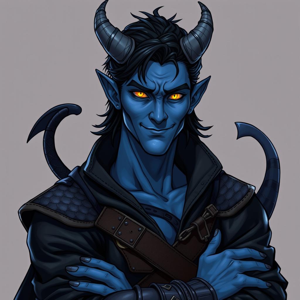 A lifelike male tiefling battle warlock illustrated in a relaxed, cocky stance, exuding confidence with a playful smirk