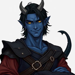 A lifelike male tiefling battle warlock illustrated in a relaxed, cocky stance, exuding confidence with a playful smirk
