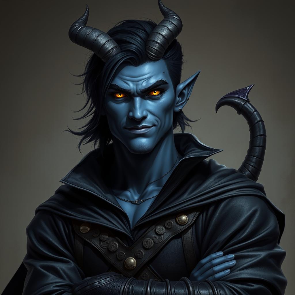 A hyper-realistic depiction of a male tiefling battle warlock, confidently posed in a relaxed, cocky stance with an inviting smirk