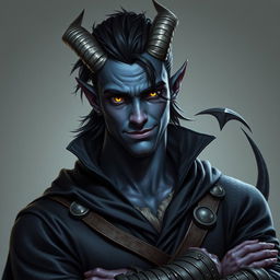 A hyper-realistic depiction of a male tiefling battle warlock, confidently posed in a relaxed, cocky stance with an inviting smirk