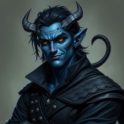 A hyper-realistic depiction of a male tiefling battle warlock, confidently posed in a relaxed, cocky stance with an inviting smirk
