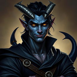 A hyper-realistic depiction of a male tiefling battle warlock, confidently posed in a relaxed, cocky stance with an inviting smirk