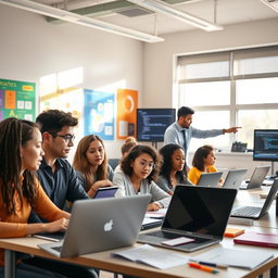 An educational scene showcasing a diverse group of students engaged in informatics practices, utilizing modern laptops and technology in a bright, inviting classroom