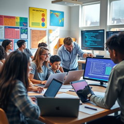 An educational scene showcasing a diverse group of students engaged in informatics practices, utilizing modern laptops and technology in a bright, inviting classroom