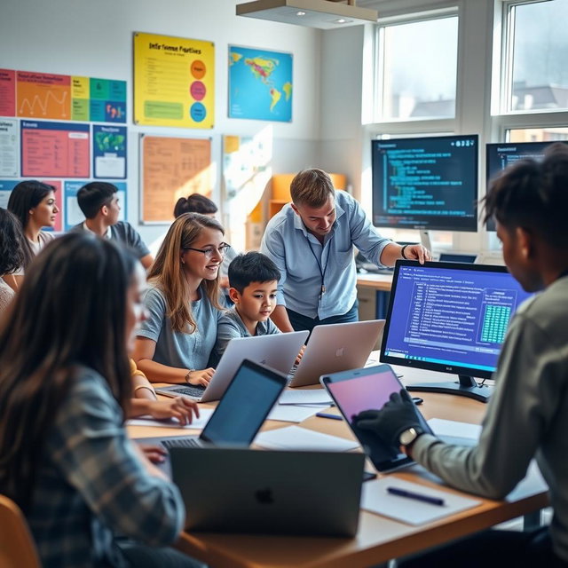 An educational scene showcasing a diverse group of students engaged in informatics practices, utilizing modern laptops and technology in a bright, inviting classroom