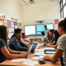 An educational scene showcasing a diverse group of students engaged in informatics practices, utilizing modern laptops and technology in a bright, inviting classroom