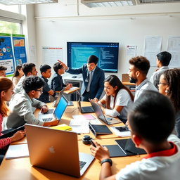 An educational scene showcasing a diverse group of students engaged in informatics practices, utilizing modern laptops and technology in a bright, inviting classroom