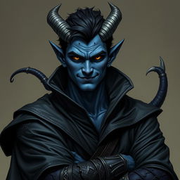A highly realistic representation of a male tiefling battle warlock, confidently posed in a relaxed, cocky stance, flaunting a charming smirk