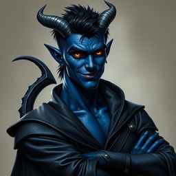 A highly realistic representation of a male tiefling battle warlock, confidently posed in a relaxed, cocky stance, flaunting a charming smirk