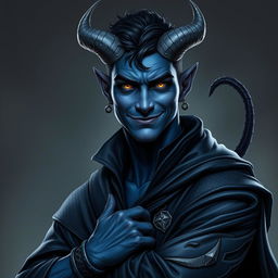 A highly realistic representation of a male tiefling battle warlock, confidently posed in a relaxed, cocky stance, flaunting a charming smirk