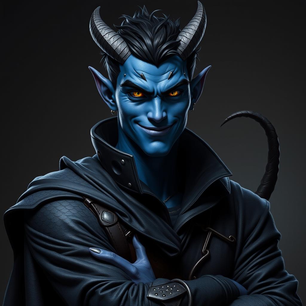 A highly realistic representation of a male tiefling battle warlock, confidently posed in a relaxed, cocky stance, flaunting a charming smirk