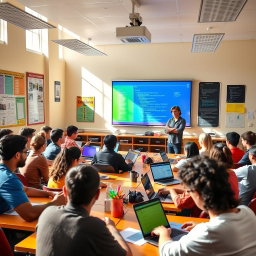 A vibrant and engaging classroom scene during an informatics class, filled with students of diverse backgrounds eagerly working on laptops and tablets