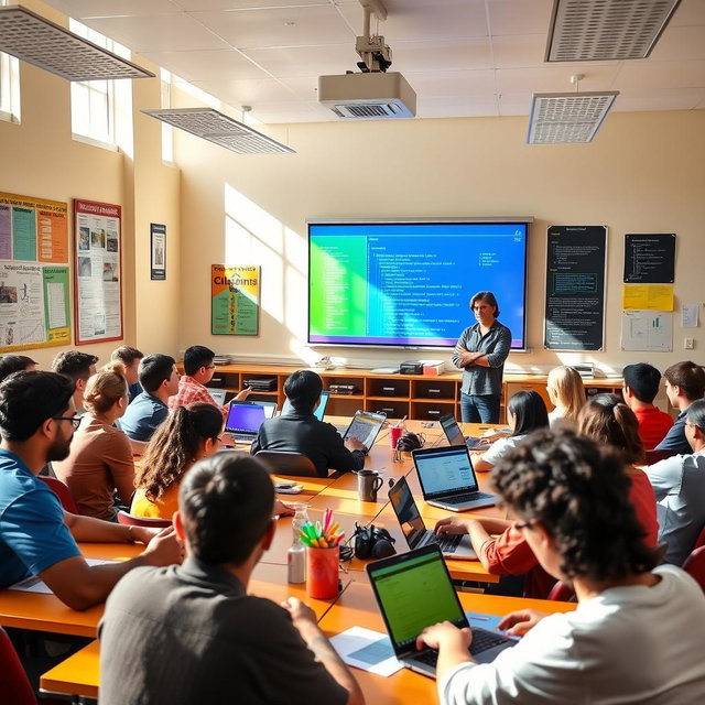 A vibrant and engaging classroom scene during an informatics class, filled with students of diverse backgrounds eagerly working on laptops and tablets