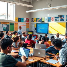 A vibrant and engaging classroom scene during an informatics class, filled with students of diverse backgrounds eagerly working on laptops and tablets