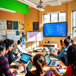 A vibrant and engaging classroom scene during an informatics class, filled with students of diverse backgrounds eagerly working on laptops and tablets
