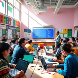 A vibrant and engaging classroom scene during an informatics class, filled with students of diverse backgrounds eagerly working on laptops and tablets