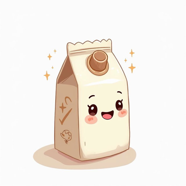 A delightful illustration of a milk package with a cute, smiling face and dreamy, sparkling eyes