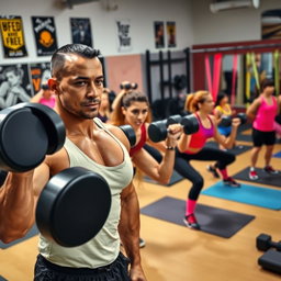 A dynamic scene of a gym workout in action, featuring a diverse group of people engaged in various exercises