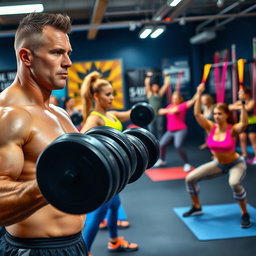 A dynamic scene of a gym workout in action, featuring a diverse group of people engaged in various exercises