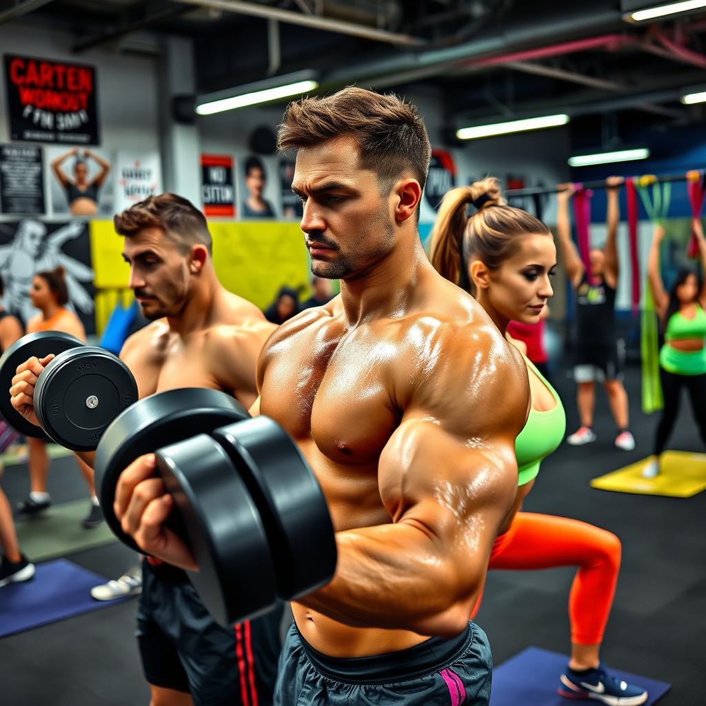 A dynamic scene of a gym workout in action, featuring a diverse group of people engaged in various exercises