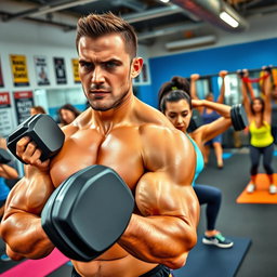 A dynamic scene of a gym workout in action, featuring a diverse group of people engaged in various exercises