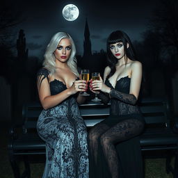 A scene featuring a very beautiful, attractive, stunning, curvy shapely young woman with white hair dressed in a very tight low-cut long black lace gown