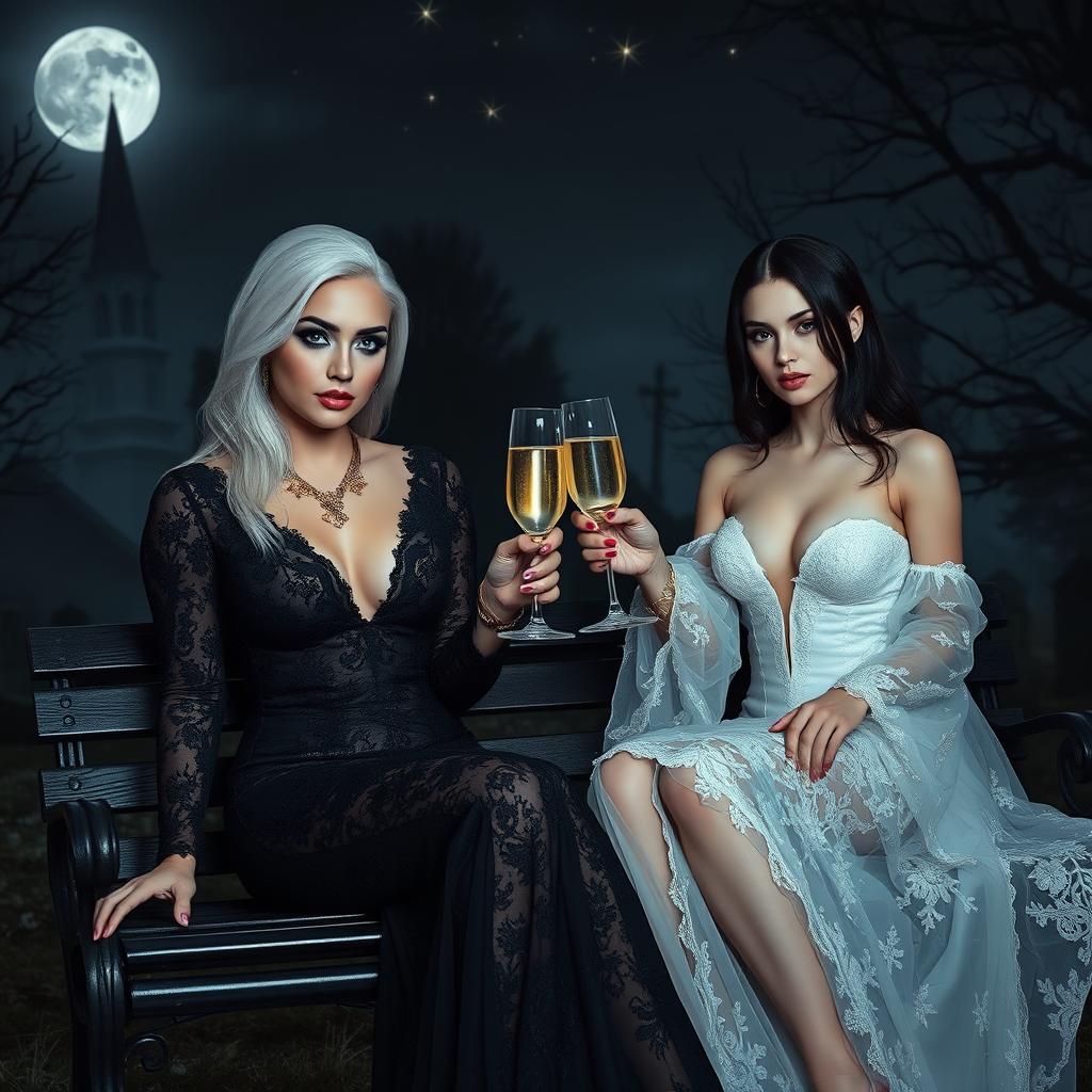 A scene featuring a very beautiful, attractive, stunning, curvy shapely young woman with white hair dressed in a very tight low-cut long black lace gown