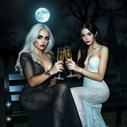 A scene featuring a very beautiful, attractive, stunning, curvy shapely young woman with white hair dressed in a very tight low-cut long black lace gown
