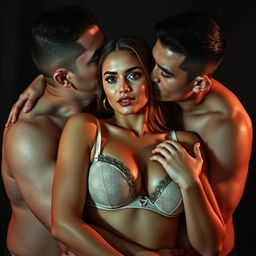 Two Indonesian men with pure white skin are tenderly but intimidatingly hugging a beautiful 28-year-old woman, showcasing her sturdy and sexy body as they embrace her from behind