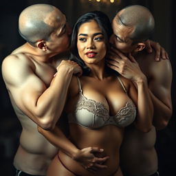 Two Indonesian men with pure white skin are tenderly but intimidatingly hugging a beautiful 28-year-old woman, showcasing her sturdy and sexy body as they embrace her from behind