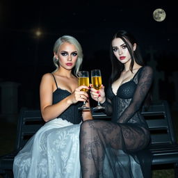 A very beautiful, attractive, stunning, curvy shapely 18-year-old girl with white hair, dressed in a very tight low-cut long black lace gown