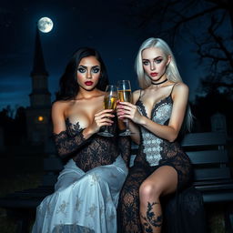 A very beautiful, attractive, stunning, curvy shapely 18-year-old girl with white hair, dressed in a very tight low-cut long black lace gown