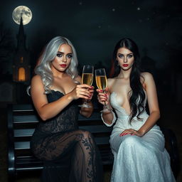 A very beautiful, attractive, stunning, curvy shapely 18-year-old girl with white hair, dressed in a very tight low-cut long black lace gown