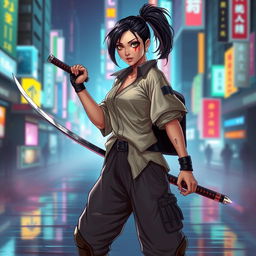 A powerful female netrunner character in a cyberpunk setting, showcasing her Asian-American heritage