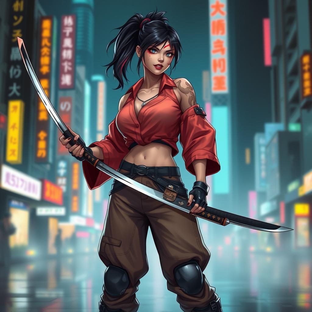 A powerful female netrunner character in a cyberpunk setting, showcasing her Asian-American heritage