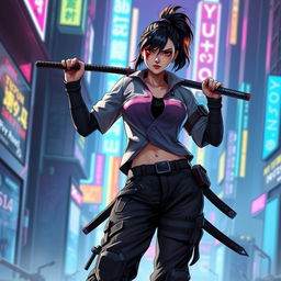 A powerful female netrunner character in a cyberpunk setting, showcasing her Asian-American heritage
