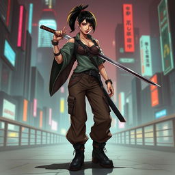 A powerful female netrunner character in a cyberpunk setting, showcasing her Asian-American heritage