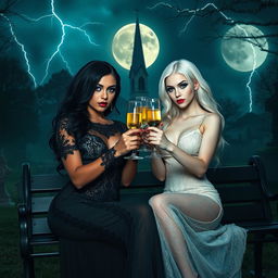A very beautiful, attractive, stunning, curvy shapely young woman with white hair dressed in a very tight low-cut long black lace gown