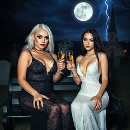 A very beautiful, attractive, stunning, curvy shapely young woman with white hair dressed in a very tight low-cut long black lace gown