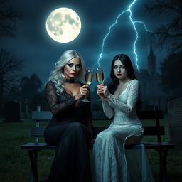A stunning scene in a cemetery at midnight featuring two very beautiful 18-year-old girls toasting with champagne glasses